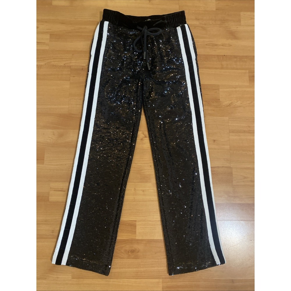 The Kooples Sport Black Sequin Track Pants Drawstring Lined White Stripe Size 1